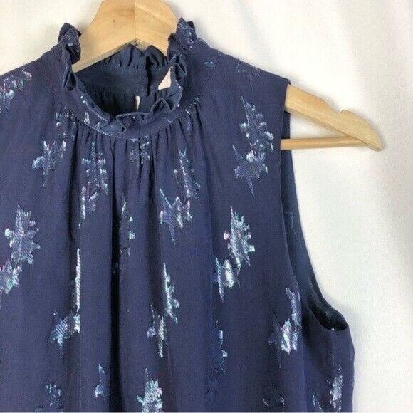Rebecca Taylor Navy Blue Metallic Star High Neck Silk Sleeveless Blouse 4 - Picture 4 of 5